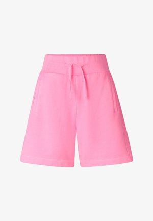 Bright pink casual shorts with a high elastic waistband, adjustable drawstring, side pockets, and a relaxed fit.