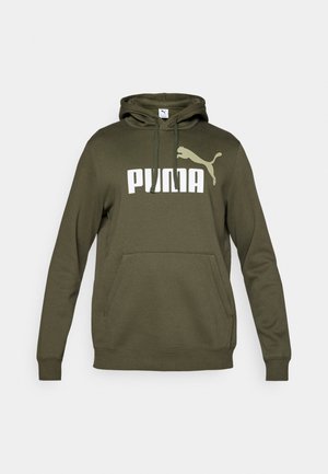 Olijfgroene hoodie met een voorzijde kangoeroezak, capuchon met trekkoord en een groot wit "PUMA"-logo met een accentlogo. Katoenmengsel.