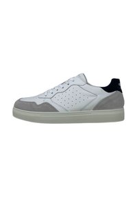 Sneakers bianchi con accenti in suede grigio, punta tonda, dettagli perforati sui lati e lacci bianchi. Suola in gomma solida.