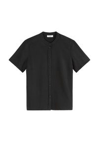 Schwarzes Kurzarmhemd mit rundem Halsauschnitt und Knopfverschluss vorne. Glattes Material in einfarbiger Ausführung, ohne sichtbare Muster oder Akzente.