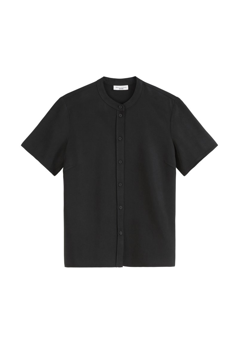Schwarzes Kurzarmhemd mit rundem Halsauschnitt und Knopfverschluss vorne. Glattes Material in einfarbiger Ausführung, ohne sichtbare Muster oder Akzente.