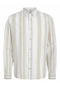 Koszula zapinana na guziki w kolorze białym z naprzemiennymi beżowymi paskami, z klasycznym kołnierzem, długimi rękawami i jasnobrązowymi guzikami. Miękka, teksturowana tkanina.