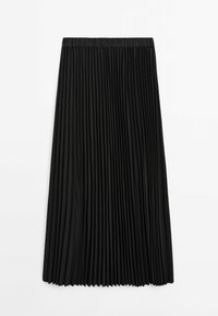 Jupe midi plissée noire avec ceinture élastique, plis étroits verticaux espacés uniformément, et ourlet droit.