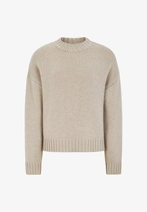 Beež kudumine sviiter ümmarguse kaelusega, langenud õlgade ja soonikkoes hemgaga. Pehme tekstuur ja vabalt langev lõige, sobib kihistamiseks.