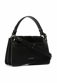 Borsa a mano in pelle nera con design strutturato, dotata di manico superiore e tracolla regolabile. Dettagli in metallo dorato e logo distintivo.