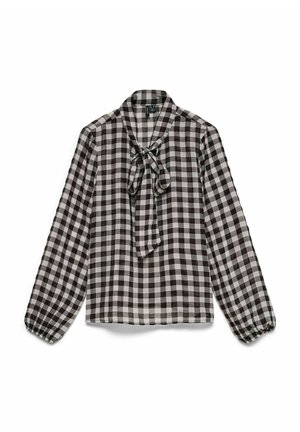 Langermet bluse med svart-hvitt rutemønster, pyntet med sløyfe rundt halsen og elastiske mansjetter, på hvit bakgrunn.