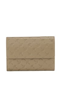 Beige lederen portemonnee met een reliëf bladerenpatroon, opvouwbaar ontwerp en schone randen. Gladde textuur zonder zichtbare hardware of accenten.