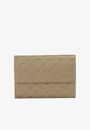 Beige Leder-Geldbörse mit geprägtem Blattmuster, Klappen-Design und sauberen Kanten. Glatte Textur ohne sichtbare Beschläge oder Akzente.