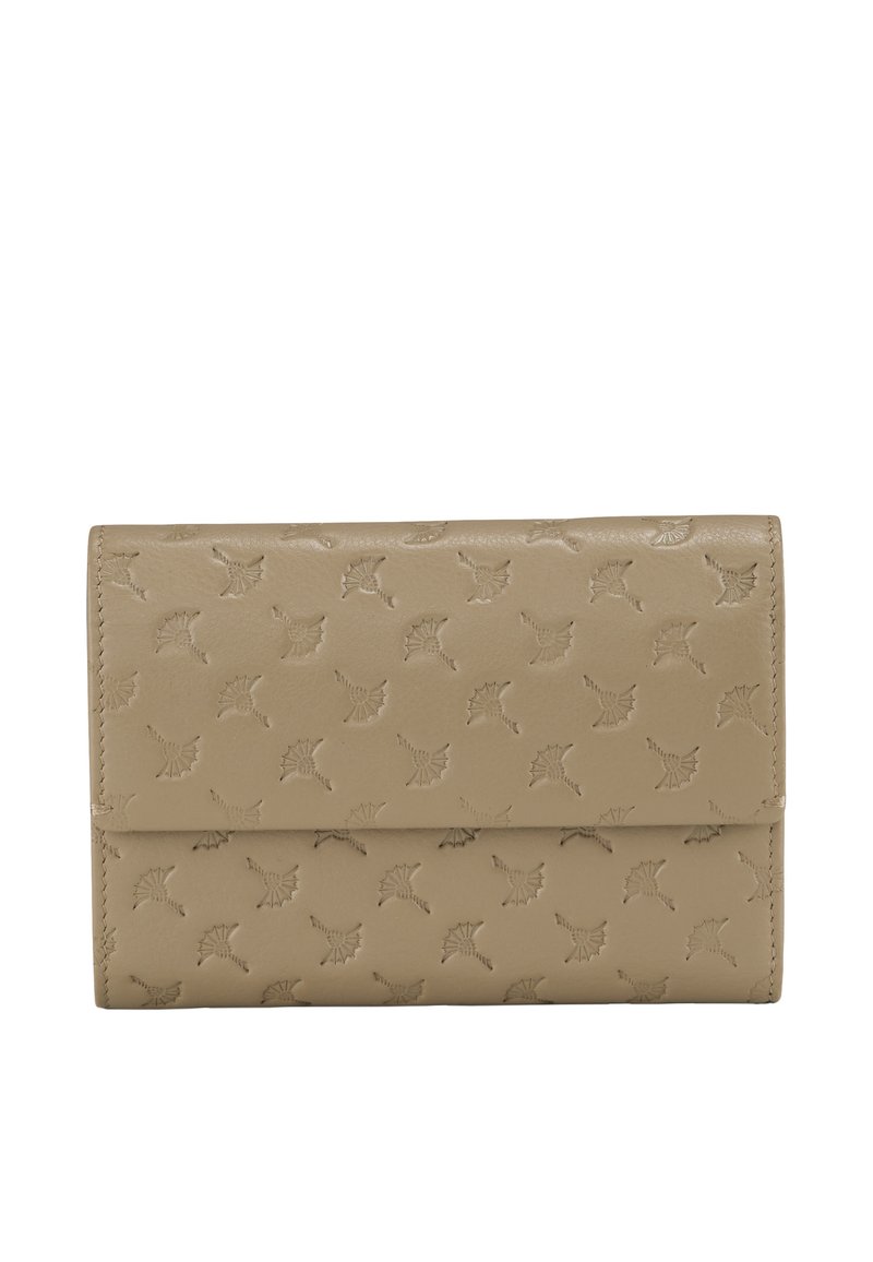 Beige lederen portemonnee met een reliëf bladerenpatroon, opvouwbaar ontwerp en schone randen. Gladde textuur zonder zichtbare hardware of accenten.
