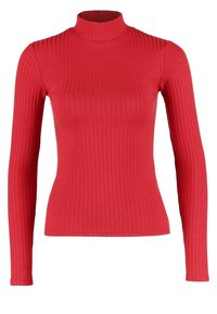 Top a collozzo rosso a costine con maniche lunghe. Presenta un design aderente e una superficie testurizzata. Realizzato in tessuto elasticizzato per il comfort.