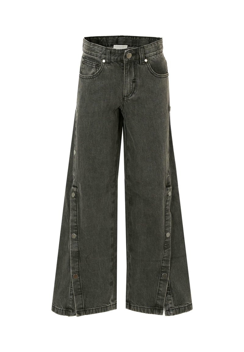 Pantaloni in denim grigio scuro a gamba larga con chiusura frontale a bottoni, bottoni laterali e una finitura in tessuto testurizzato.