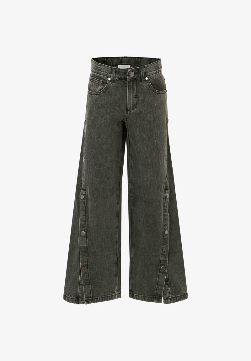 Pantaloni in denim grigio scuro a gamba larga con chiusura frontale a bottoni, bottoni laterali e una finitura in tessuto testurizzato.