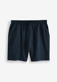 Marinblå badbyxor med elastisk midja, dragsko och sidofickor; slät tyg, knälång design.