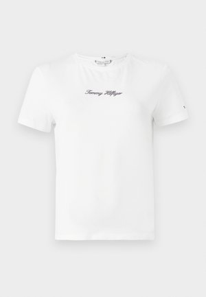 Hvid bomulds T-shirt med korte ærmer og rund halsudskæring. Centreret sort broderet "Tommy Hilfiger" logo på brystet.
