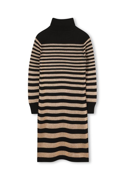 Vestito a maglia lungo fino al ginocchio con maniche lunghe, righe orizzontali nere e beige e colletto a dolcevita nero.