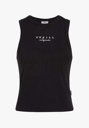 Black cotton tank top with a round neckline. Features white printed text “O’Neill California” on the front. Straight cut hem.