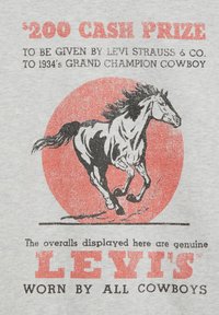 Lichtgrijze t-shirt met een zwart-witte afbeelding van een galopperend paard tegen een rode cirkelachtergrond. Tekst bevat promotionele details.