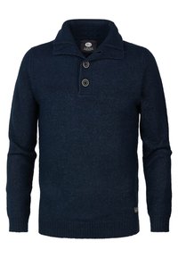 Maglione lavorato a maglia blu navy con orli a coste, un ampio colletto e placket a due bottoni. Superficie testurizzata con sottili variazioni nel filato.