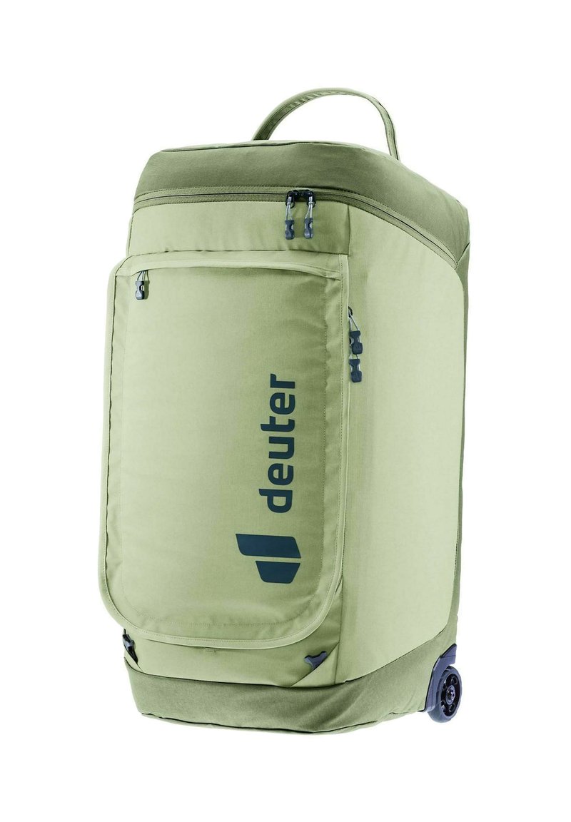 Roltas in lichtgroene stof met een voorzak met rits, blauw logo en handvat bovenop voor gemakkelijk tillen. Duurzame wielen aan de onderkant.
