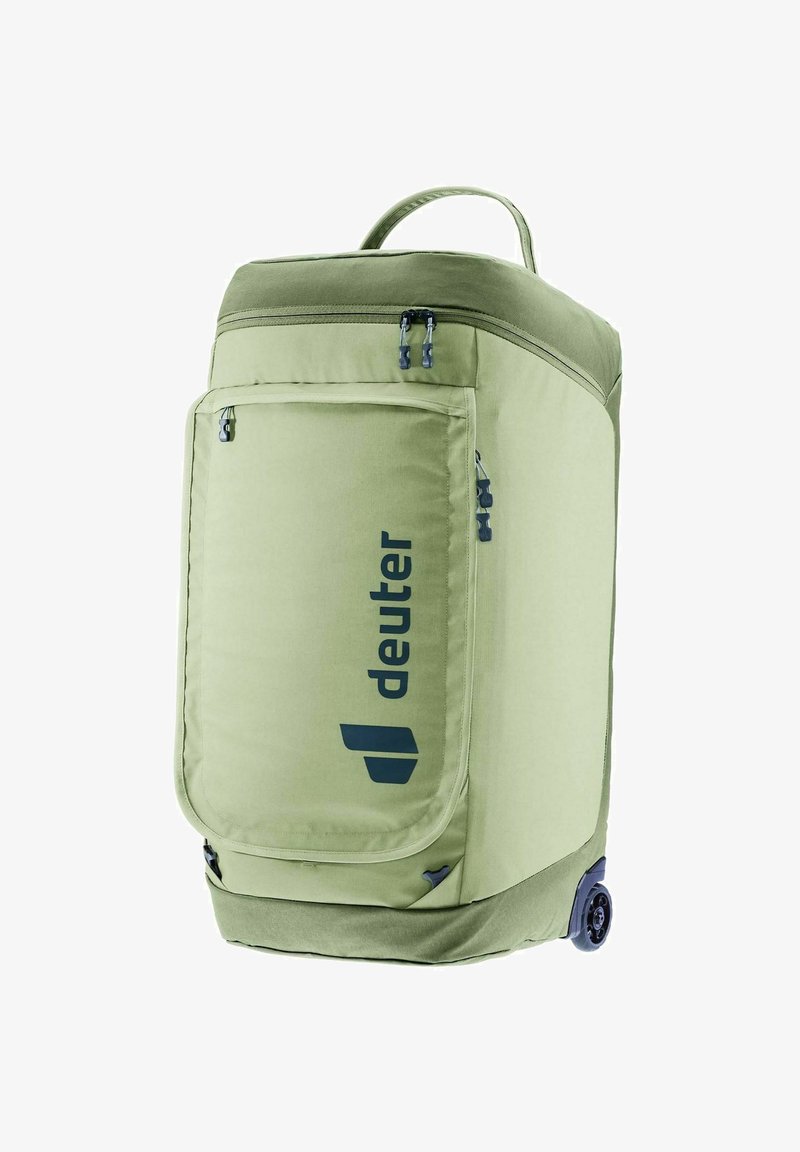 Zaino con rotelle in tessuto verde chiaro, dotato di una tasca anteriore con cerniera, logo blu e maniglia superiore per un facile sollevamento. Ruote durevoli nella parte inferiore.