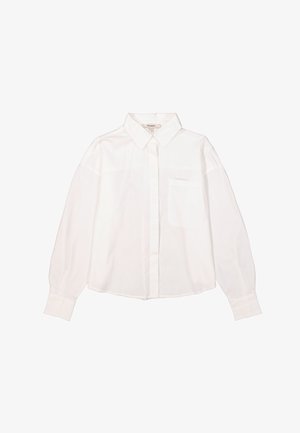 Witte overhemdbh met lange, iets gepofte mouwen, enkele borstzak en een klassieke kraag. Gladde stof met een ontspannen pasvorm.