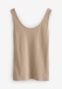 Débardeur beige côtelé avec un large col en U et des bretelles fines, présentant une texture douce et un design minimaliste.