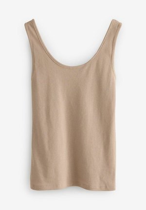 Beige žebrovaný top bez rukávů s širokým výstřihem a úzkými ramínky, který se vyznačuje jemnou texturou a minimalistickým designem.