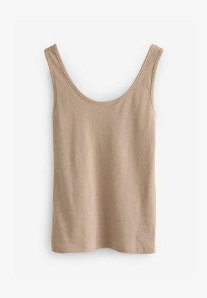 Beige geribbeld tanktop met brede ronde halslijn en smalle schouderbandjes, met een zachte textuur en een minimalistisch ontwerp.