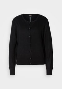 Svart cardigan laget av lett strikket stoff, med rund hals, knappelukking, lange ermer og ribbestrikket kant.