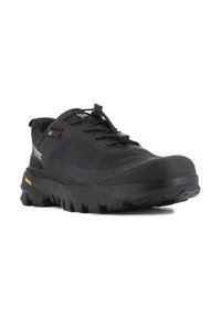 Black outdoor shoe with a textured upper, protective toe cap, thick rubber sole with pronounced treads, and elastic lacing system.
