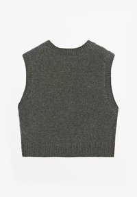 Gray knit vest with sleeveless design, ribbed round neckline, and hem. Textured fabric shows slight variations in tone.