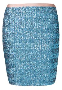 Blå paljettkjol med en kroppsnära design och en slät, bred midjereså. Texturen har glänsande, reflekterande paljetter.