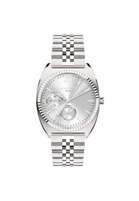 Silberne Edelstahl-Uhr mit einem runden Gehäuse, strukturiertem Lünette und einem Gliederarmband. Verfügt über ein minimalistisches Zifferblatt mit zwei Hilfszifferblättern.