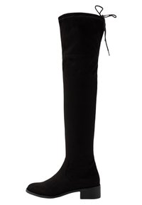 Schwarze überkniehohe Stiefel aus weichem Wildleder, mit einer runden Zehenpartie, niedrigem Blockabsatz und verstellbarem Band oben.