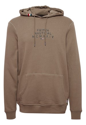 Pruun kapuutsiga sviiter, mis on valmistatud pehmest puuvillast, millel on ees kangaroo tasku. Sellel on graafiline trükk ja kontrastsed stringid värviliste aktsentidega.