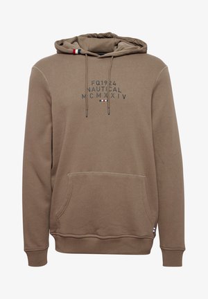 Rjava kapuca iz mehkega bombaža s sprednjim kengurujem žepom. Ima grafični potisk in kontrastno vrvico z barvitimi akcenti.