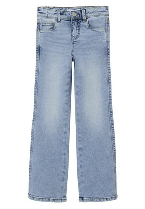 Jean large en denim bleu clair, doté d'une fermeture à bouton et à glissière, de poches avant et de bords effilochés.