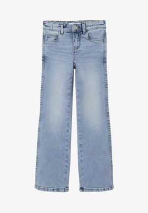 Világoskék, bő szabású farmernadrág, gombos és cipzáras záródással, elülső zsebekkel és rojtos szegéllyel.