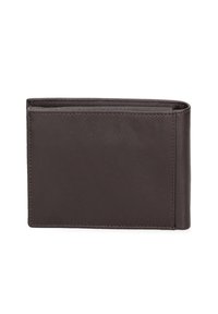 Portafoglio in pelle marrone, design a due ante, texture liscia, cuciture visibili, forma compatta, senza hardware o accenti aggiuntivi.