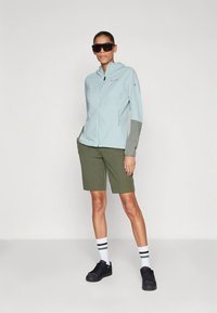 Lyseblå strækjakke med grå ærmer, kombineret med grønne shorts, sorte sko og stribede sokker. Model iført solbriller.