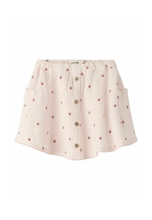 Hele roosa beebiseelik maasikamustriga, ees nööbid, elastse vöökohaga ja küljetaskudega, valmistatud tekstuurse kangaga.