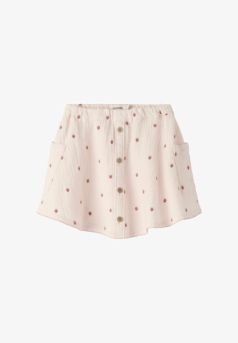 Jupe rose clair pour tout-petit avec imprimé fraises, boutons à l'avant, taille élastique et poches latérales, en tissu texturé.