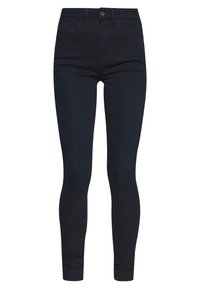 Vaqueros ajustados de denim azul oscuro, con cintura alta, cinco bolsillos y detalles de costura sutiles. Tejido suave y elástico.