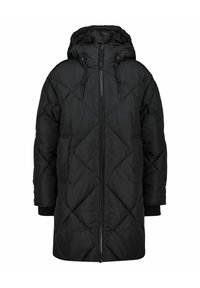 Svart pufferjacka med diamantquiltat mönster, huva, dragkedjestängning och ribbade ärmmuddar. Tillverkad av lätt, vattenavvisande material.
