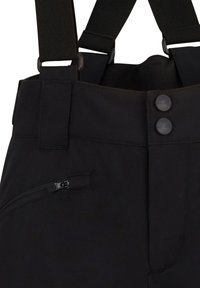 Schwarze Hosen mit verstellbaren Trägern, ausgestattet mit zwei Knöpfen, einer Reißverschlusstasche und einer glatten Stofftextur.