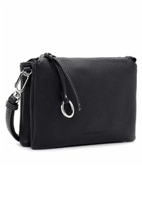 Borsa a tracolla nera in pelle con finitura texturizzata, chiusura con zip e hardware in argento. Presenta una tracolla removibile e dettagli con marchio.