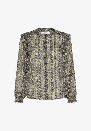 Bluză cu model negru și auriu, cu mâneci lungi, umeri volanți, manșete elastice și croială lejeră. Material transparent cu modele geometrice.