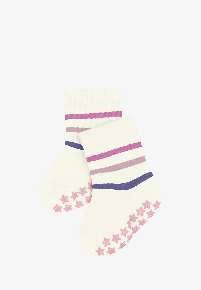 Gestreifte weiße Socken mit horizontalen Mustern in Lila und Lavendel sowie rosa sternförmigen Grips auf den Sohlen.