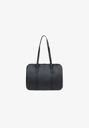 Black leather tote bag with smooth texture, rectangular shape, and two long handles. Features subtle stitching and a zip closure at the top.