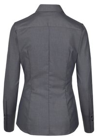 Grå figursydd skjorta med knappar fram, strukturerad krage, långa ärmar och manschetter med en knapp. Har ett mjukt, texturerat tyg.